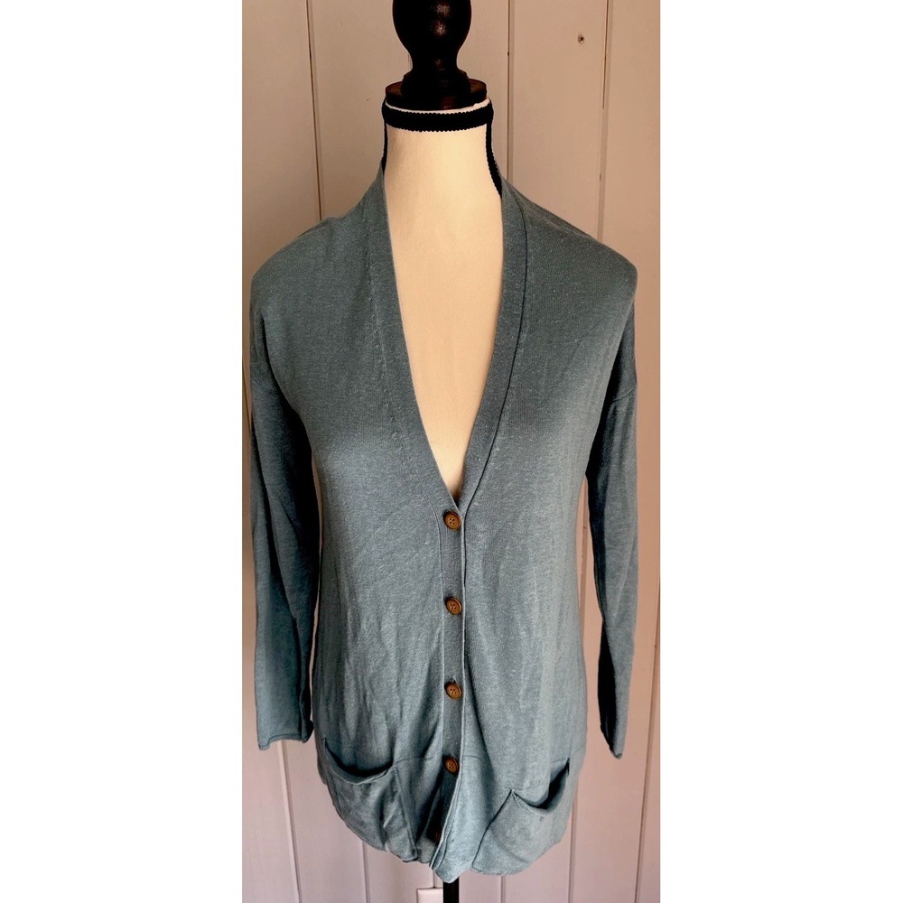 J.Jill Linen Blend Cardigan Small Blue Button Front Pockets Casual Lightweight